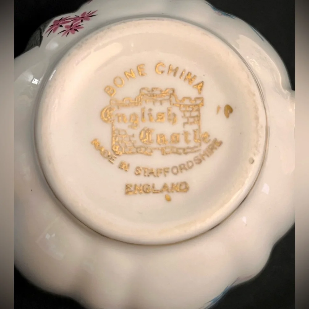 Vintage English Castle 22K Gold Trim Blue Lily Bone China Teacup Saucer Set Tea
